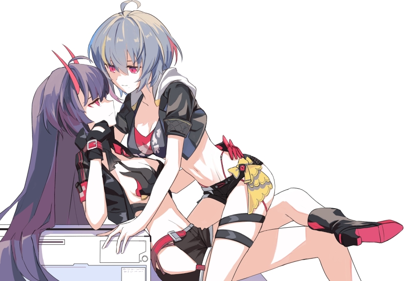 2girls, absurdres, black_footwear, black_gloves, black_hair, black_jacket, black_shorts, boots