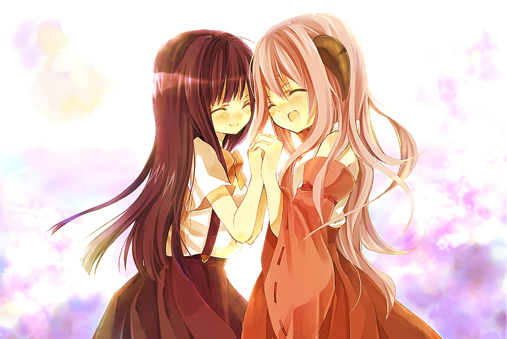 00s, 2girls, ^_^, bad_id, bad_pixiv_id, blush, bow, bowtie