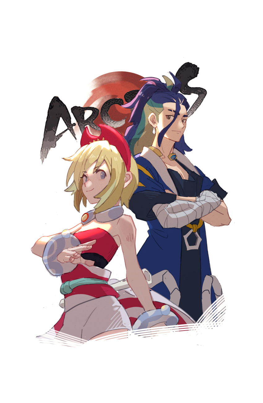 1boy, 1girl, absurdres, adaman_(pokemon), arm_wrap, black_shirt, blonde_hair, blue_coat