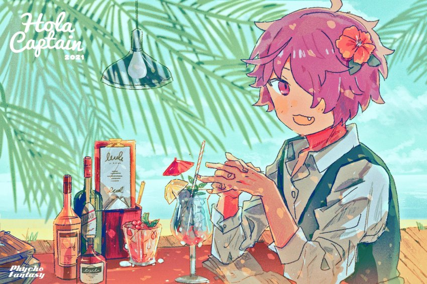 1boy, alcohol, blush, cocktail_glass, cup, dark-skinned_male, dark_skin, drinking_glass, fang, flower, hair_flower, hair_ornament, hibiscus, highres, looking_at_viewer, male_focus, mooforvt, ocean, one_eye_covered, psycho_fantasy, purple_eyes, purple_hair, sea_urchin_captain, solo, virtual_youtuber