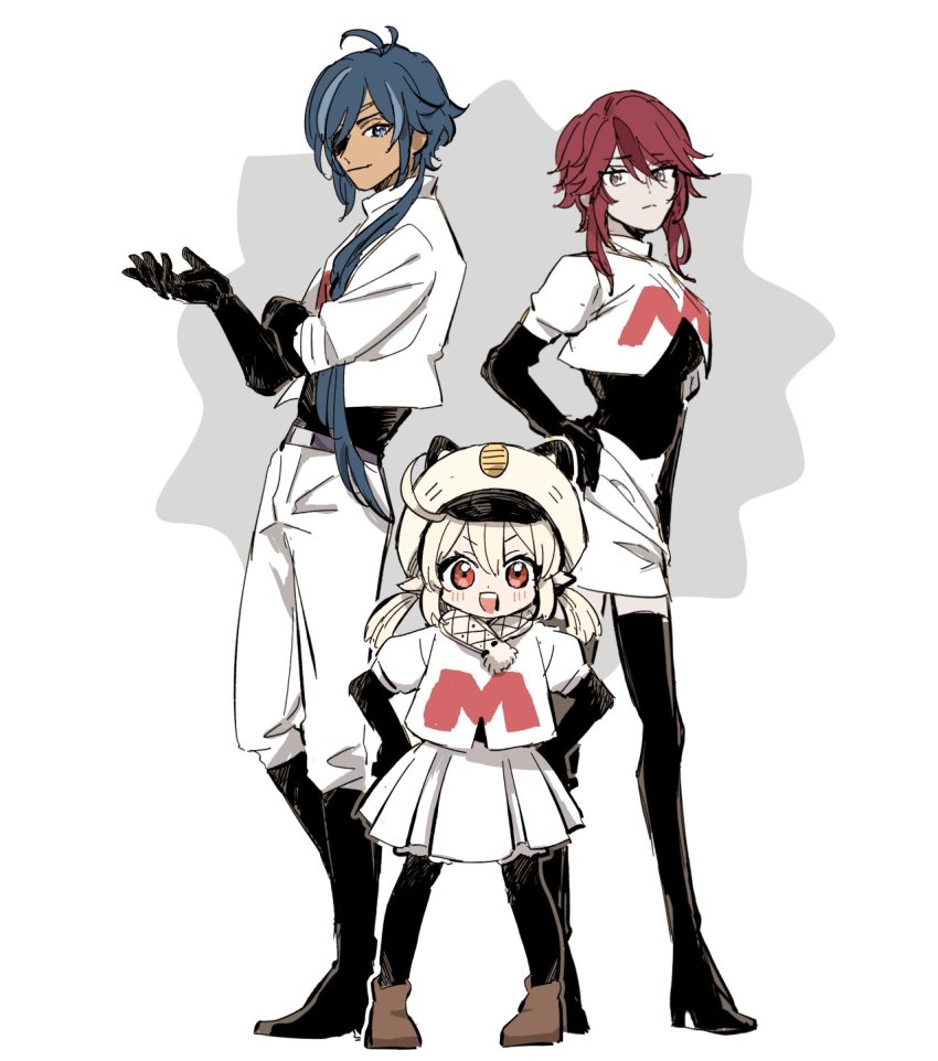 1boy, 2girls, alternate_costume, black_footwear, black_gloves, black_legwear, blonde_hair, blue_eyes, blue_hair, boots, breasts, brown_footwear, closed_mouth, cosplay, dark-skinned_male, dark_skin, elbow_gloves, eyepatch, gen_1_pokemon, genshin_impact, gloves, highres, james_(pokemon), james_(pokemon)_(cosplay), jessie_(pokemon), jessie_(pokemon)_(cosplay), kaeya_(genshin_impact), klee_(genshin_impact), long_hair, looking_at_viewer, low_twintails, meowth, meowth_(cosplay), multicolored_hair, multiple_girls, nendo_(n), nintendo, open_mouth, pants, pantyhose, pointy_ears, pokemon, pokemon_(anime), ponytail, red_eyes, red_hair, rosaria_(genshin_impact), short_hair, short_twintails, simple_background, skirt, standing, streaked_hair, team_rocket, team_rocket_uniform, thigh_boots, thighhighs, twintails, two-tone_background, white_pants, white_skirt