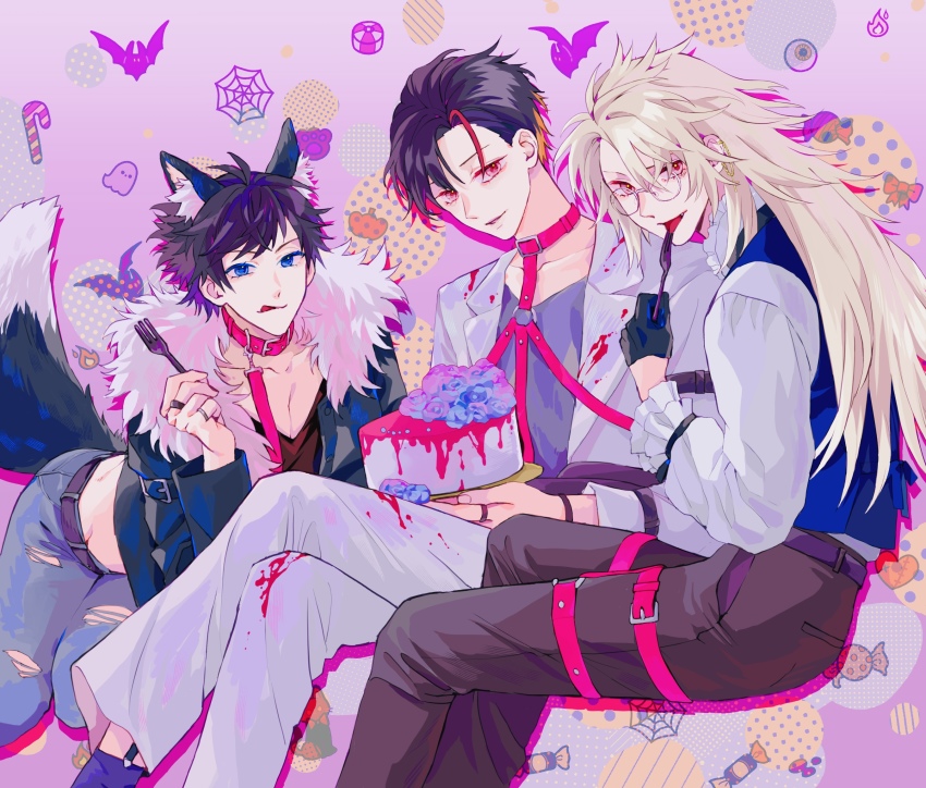 3boys, animal_ears, black_hair, blonde_hair, blue_eyes, dog_boy, dog_ears, dog_tail, hazuki_06, highres, himawari_nasu, indie_virtual_youtuber, jhu_dao, long_hair, looking_at_viewer, multicolored_hair, multiple_boys, pale_skin, paradise_(vtuber), red_eyes, red_hair, tail, virtual_youtuber