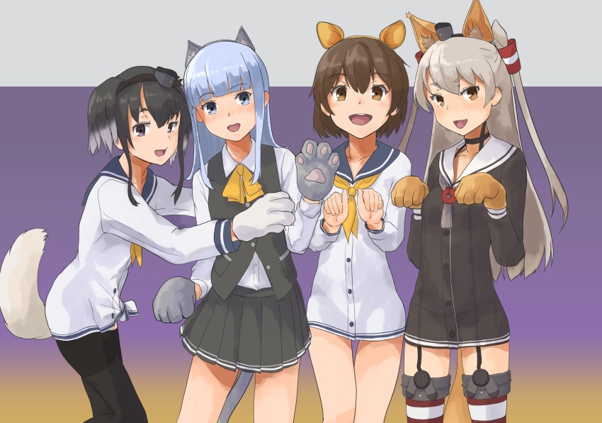 4girls, amatsukaze_(kancolle), animal_ears, animal_hands, beaver_ears, black_hair, black_legwear, blue_hair, blue_sailor_collar, bow, bowtie, brown_dress, brown_eyes, brown_hair, cat_ears, cat_tail, commentary_request, cowboy_shot, dog_ears, dog_tail, dress, dress_shirt, garter_straps, gloves, green_eyes, grey_neckerchief, grey_skirt, grey_vest, hair_tubes, hatsukaze_(kancolle), highres, hime_cut, kantai_collection, long_hair, long_sleeves, multiple_girls, neckerchief, open_mouth, pantyhose, paw_gloves, pleated_skirt, red_legwear, round_teeth, sailor_collar, sailor_dress, shirt, short_dress, short_hair, short_hair_with_long_locks, sidelocks, silver_hair, skirt, smokestack_hair_ornament, striped_clothes, striped_legwear, striped_thighhighs, tail, teeth, thighhighs, tokitsukaze_(kancolle), two_side_up, upper_teeth_only, vest, white_dress, white_sailor_collar, yellow_bow, yellow_bowtie, yellow_neckerchief, yukikaze_(kancolle), yuushou