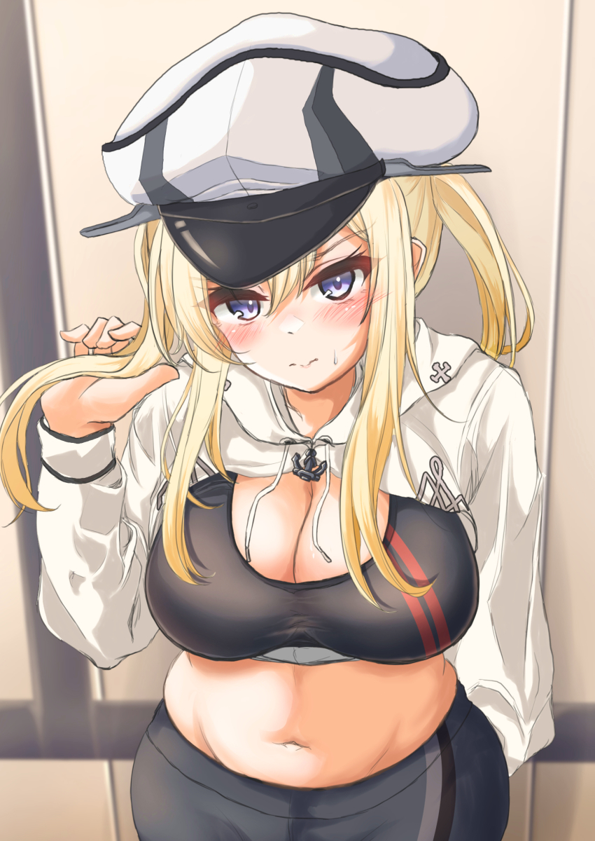 1girl, alternate_costume, black_bra, blonde_hair, blue_eyes, blush, bra, breasts