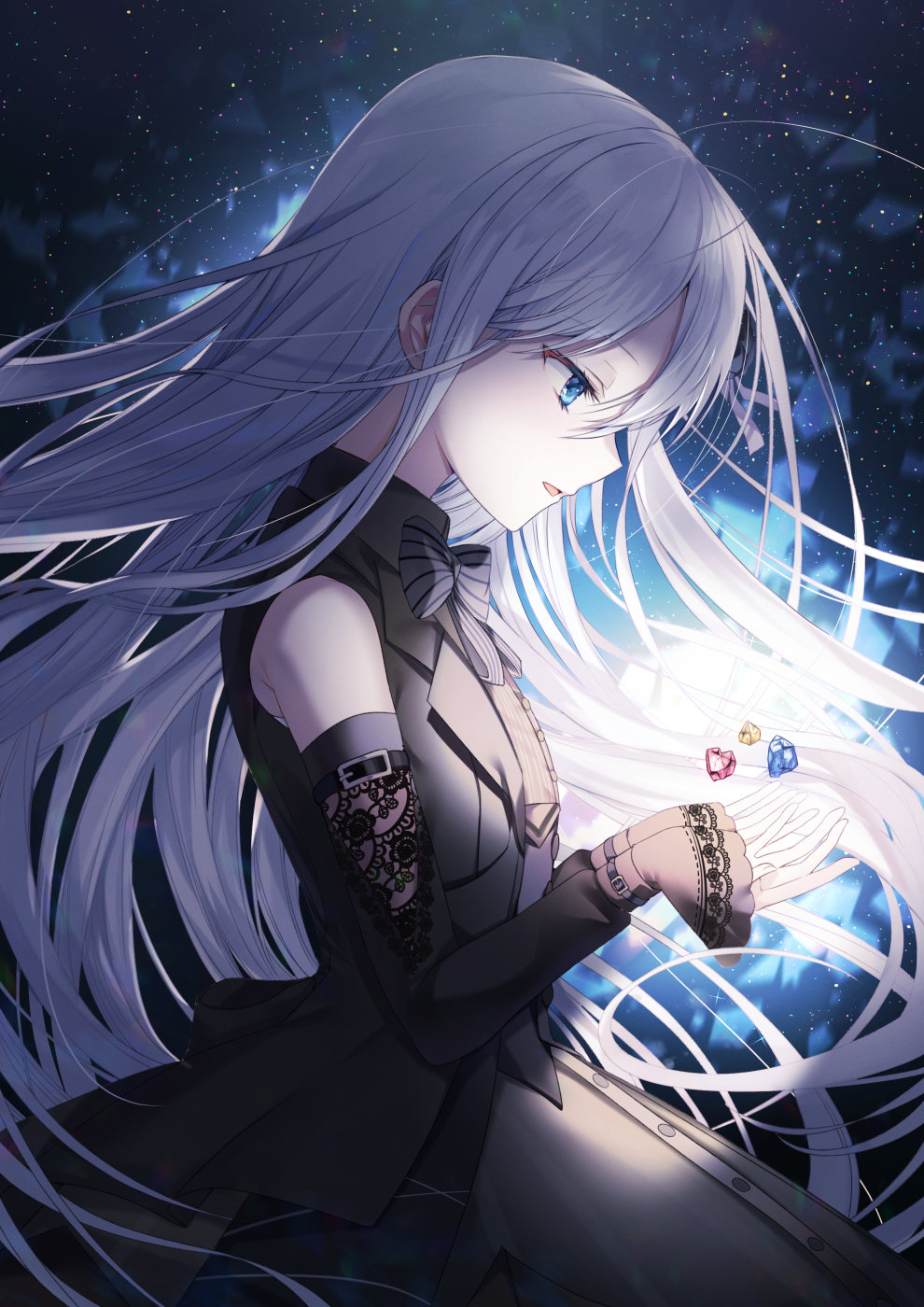 1girl, :d, bare_shoulders, black_jacket, black_skirt, black_sleeves, blue_eyes, bow, commentary_request, detached_sleeves, gem, grey_bow, grey_hair, hair_between_eyes, hair_spread_out, highres, itsuka_zetsubou_no_soko_kara_(project_sekai), jacket, long_hair, long_sleeves, looking_away, looking_down, open_mouth, paraffin, profile, project_sekai, purple_vest, shirt, skirt, sleeveless, sleeveless_jacket, sleeveless_shirt, sleeves_past_wrists, smile, solo, striped_bow, very_long_hair, vest, white_shirt, yoisaki_kanade