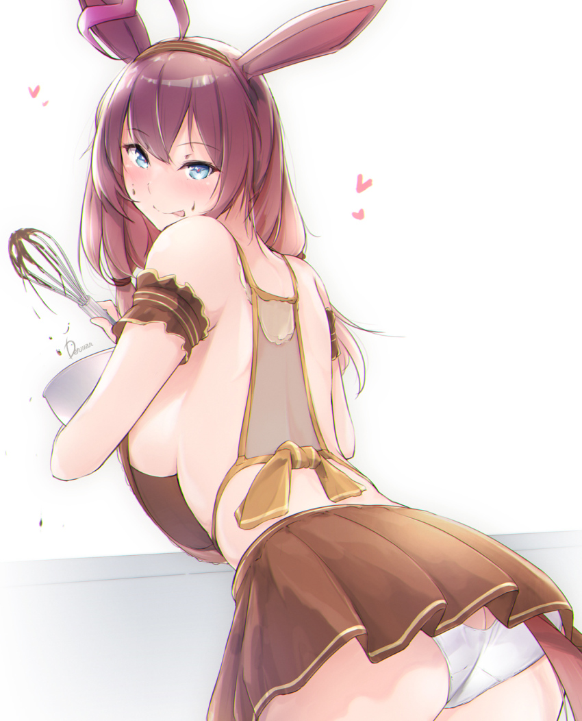 1girl, animal_ears, apron, ass, back, blue_eyes, blush, bow, brown_hair, brown_skirt, chocolate, commentary_request, dermar, from_behind, heart, highres, horse_ears, horse_girl, horse_tail, licking_lips, long_hair, looking_at_viewer, mihono_bourbon_(code:_icing)_(umamusume), mihono_bourbon_(umamusume), official_alternate_costume, panties, pleated_skirt, shoulder_blades, simple_background, skirt, solo, standing, tail, tongue, tongue_out, umamusume, underwear, valentine, whisk, white_background, white_panties