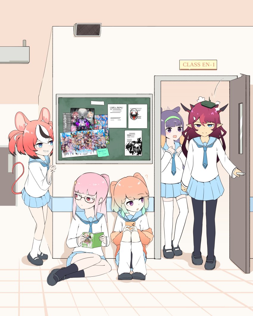 1other, 3boys, 6+girls, :3, :d, absurdres, ahoge, airani_iofifteen, akai_haato, aki_rosenthal, alternate_costume, amane_kanata, animal_ears, anya_melfissa, artist_self-insert, ayunda_risu, azki_(hololive), barefoot, bespectacled, black_dress, black_hair, black_headwear, black_leotard, black_pants, black_pantyhose, black_shorts, black_skirt, black_socks, blonde_hair, blouse, blue_bow, blue_cape, blue_eyes, blue_hair, blue_shirt, blue_shorts, blue_skirt, board_eraser, bongftah, boots, bow, braid, breasts, brown_capelet, brown_footwear, brown_skirt, bulletin_board, cape, capelet, cardigan, cat_ears, cat_tail, ceres_fauna, claw_pose, closed_mouth, coat, colored_inner_hair, copyright_name, daidou_shinove, dark-skinned_female, dark_skin, dog_ears, door, double_bun, drawing, dress, earrings, expressionless, eyepatch, feather_earrings, feather_hair_ornament, feathers, flat_chest, fox_ears, glasses, gloves, gradient_hair, green_eyes, green_hair, grey_hair, grey_jacket, hair_bow, hair_bun, hair_ornament, hairband, hakos_baelz, halo, hat, heart, heart_hands, high_ponytail, highres, holding, holding_microphone, hololive, hololive_english, hololive_fantasy, hololive_gamers, hololive_indonesia, holopromise, holox, horn_bow, horn_ornament, horns, indonesian_clothes, irys_(hololive), jacket, japanese_clothes, jewelry, large_breasts, leotard, lion_ears, long_hair, long_sleeves, looking_at_viewer, loose_socks, making-of_available, manga_(object), microphone, mori_calliope, mouse_ears, mouse_girl, mouse_tail, multicolored_hair, multiple_boys, multiple_girls, namiorii, necktie, ninomae_ina'nis, off_shoulder, open_mouth, orange_dress, own_hands_together, pants, pantyhose, pink_bow, pink_dress, pink_hair, pirate_hat, pleated_skirt, pointy_ears, ponytail, poster_(object), prank, purple_eyes, purple_hair, rabbit_ears, rainbow_hair, red_dress, red_eyes, red_hair, red_necktie, red_skirt, red_vest, school, school_uniform, serafuku, sheep_ears, sheep_horns, shirt, shoes, short_hair, short_sleeves, shorts, side_ponytail, sidelocks, skirt, sleeve_cuffs, sleeveless, smile, sneakers, socks, speaker, streaked_hair, subaru_duck, tail, takanashi_kiara, tentacles, thighhighs, triangle_halo, twin_braids, twintails, two-tone_hair, two_side_up, very_long_hair, vest, virtual_youtuber, white_coat, white_gloves, white_hair, white_hairband, white_shirt, white_skirt, white_socks, white_thighhighs, wolf_ears, yagoo, yatagarasu_(tsukumo_sana), yellow_eyes