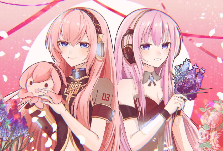 ._., 3girls, :d, animal, armband, bare_shoulders, black_shirt, blue_eyes, blue_flower, blush_stickers, closed_mouth, commentary, detached_collar, detached_sleeves, dress, dual_persona, falling_petals, flower, gold_trim, grin, highres, holding, holding_animal, holding_flower, libertyp39, lilac, lips, long_hair, looking_at_viewer, megurine_luka, megurine_luka_(vocaloid4), multiple_girls, octopus, open_mouth, petals, pink_background, pink_hair, purple_flower, red_flower, ribbon, rose, shirt, short_sleeves, single_detached_sleeve, smile, strapless, strapless_dress, takoluka, upper_body, v4x, very_long_hair, vocaloid, wrist_cuffs