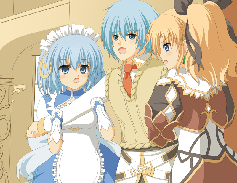 1boy, 2girls, aose_saratoga, atelier_(series), gust, liliane_vehlendorf, maid, mana_khemia_(series)