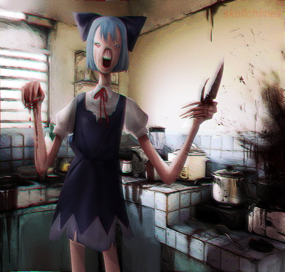 1girl, artist_name, blood, blood_drip, blood_on_wall, blue_bow, blue_dress, blue_hair