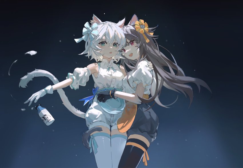 2girls, animal_ear_fluff, animal_ears, apron, aqua_eyes, bare_shoulders, black_gloves, black_hair