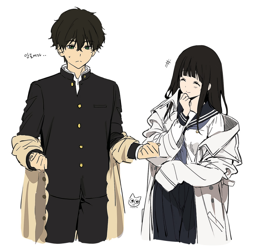 1boy, 1girl, artist_logo, bad_id, bad_pixiv_id, beige_coat, black_sailor_collar, black_skirt