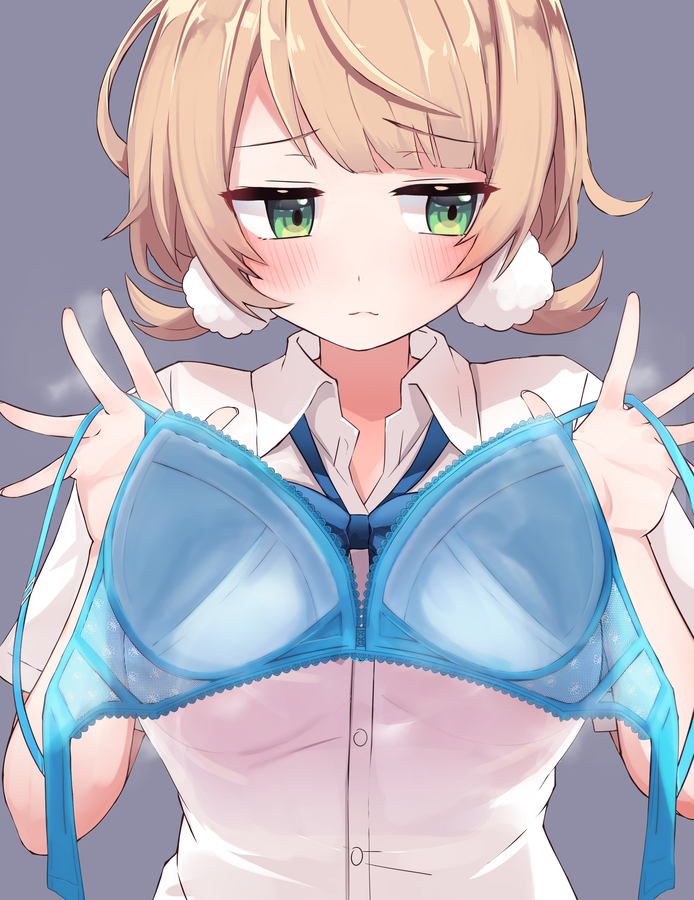 blonde_hair, blue_bow, blue_bowtie, blue_bra, blunt_bangs, bow, bowtie, bra, breasts, festa11307070, green_eyes, hair_ornament, holding, holding_bra, holding_underwear, holding_unworn_clothes, indie_virtual_youtuber, large_breasts, no_bra, official_alternate_costume, pom_pom_(clothes), pom_pom_hair_ornament, presenting_bra, shigure_ui_(summer_uniform)_(vtuber), shigure_ui_(vtuber), shirt, short_hair, short_sleeves, short_twintails, steaming_body, twintails, underwear, unworn_bra, upper_body, virtual_youtuber, wet, wet_clothes, wet_shirt, white_shirt