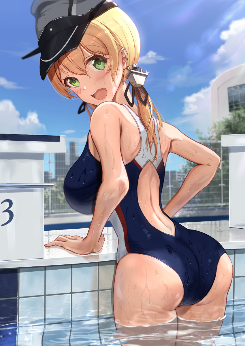 1girl, absurdres, anchor_hair_ornament, ass, back, blonde_hair, blush, breasts