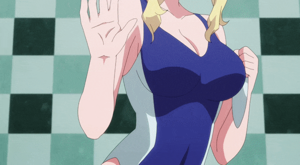 1girl, animated, animated_gif, anime_screenshot, blonde_hair, blue_one-piece_swimsuit, blush, breasts