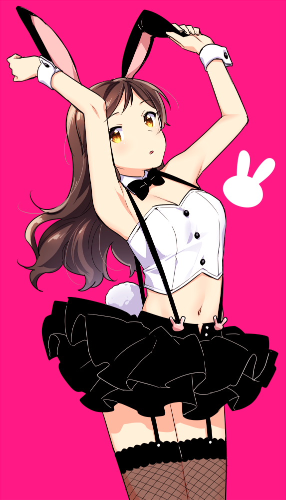 1girl, animal_ears, armpits, arms_up, black_bow, black_bowtie, black_skirt, bow