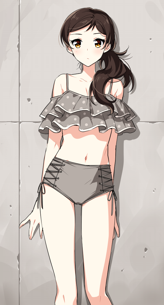 1girl, against_wall, bare_legs, bikini, brown_hair, closed_mouth, collarbone, grey_bikini