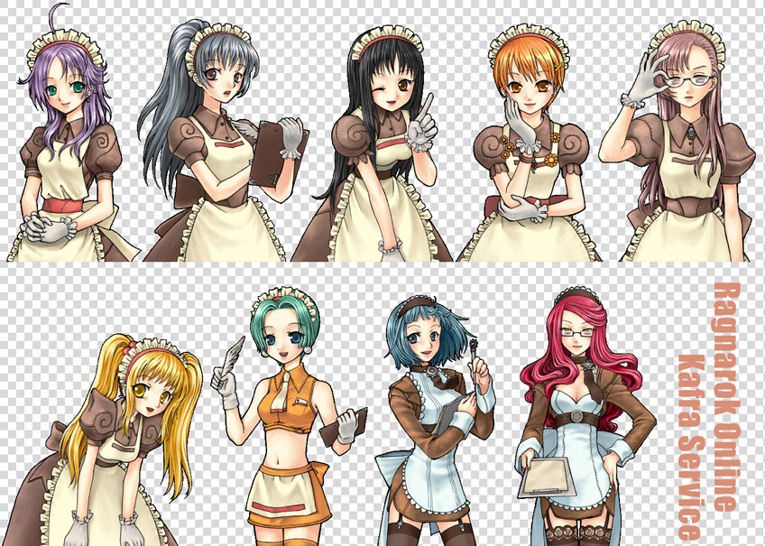 6+girls, adjusting_eyewear, ahoge, alty_(ragnarok_online), apron, black-framed_eyewear, black_hair, black_thighhighs, blonde_hair, blossom_(ragnarok_online), blue_eyes, blue_hair, breasts, brown_dress, brown_eyes, brown_hair, cleavage, clipboard, closed_mouth, commentary_request, copyright_name, cowboy_shot, crop_top, curly_sue, derivative_work, dress, fake_transparency, frilled_apron, frills, garter_straps, glasses, gloves, green_eyes, grey_hair, hair_over_shoulder, hand_on_own_cheek, hand_on_own_face, holding, holding_clipboard, jasmine_(ragnarok_online), kafra_uniform, leaning_forward, leilah_(ragnarok_online), long_hair, looking_at_viewer, lyrus_(ragnarok_online), maid, maid_headdress, medium_breasts, midriff, miniskirt, multiple_girls, navel, necktie, one_eye_closed, open_mouth, orange_eyes, orange_hair, orange_legwear, orange_shirt, orange_skirt, own_hands_together, pavianne_(ragnarok_online), pink_eyes, pink_hair, ponytail, puffy_short_sleeves, puffy_sleeves, purple_hair, ragnarok_online, red_hair, roxie_(ragnarok_online), sampaguita_(ragnarok_online), semi-rimless_eyewear, shirt, short_dress, short_hair, short_sleeves, skirt, smile, thighhighs, tsuki_miso, under-rim_eyewear, white_apron, white_gloves, white_necktie, yellow_eyes