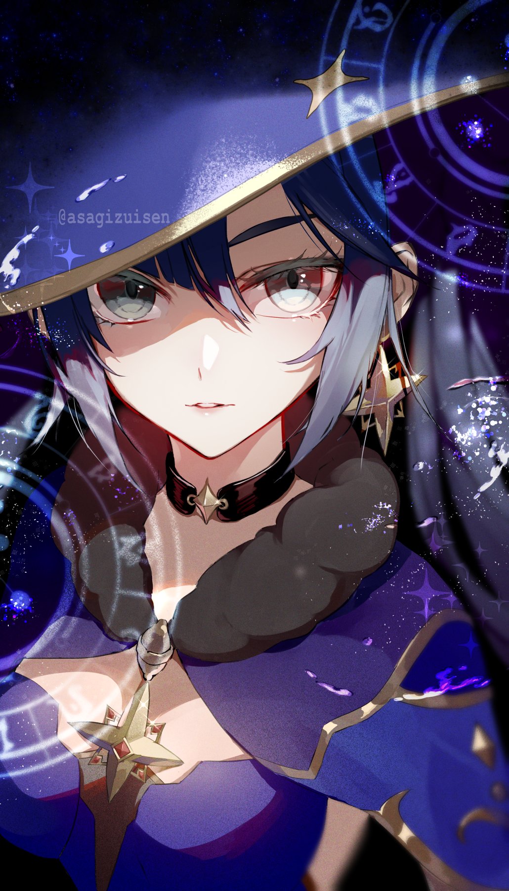 1girl, asagizuisen, black_hair, blue_leotard, breasts, choker, cleavage, earrings