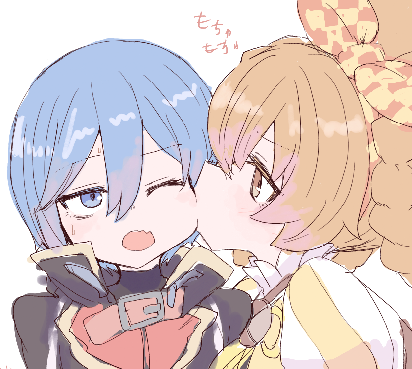 2girls, blue_eyes, blue_hair, blush, braid, brown_eyes, brown_hair, cheek_sucking