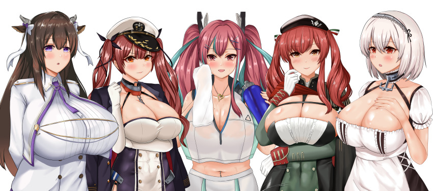 5girls, absurdres, anchor_symbol, animal_ears, arm_under_breasts, azur_lane, bad_id, bad_pixiv_id, beret, black_headwear, black_ribbon, blue_hair, bottle, breasts, bremerton_(azur_lane), bremerton_(scorching-hot_training)_(azur_lane), brown_dress, brown_hair, buttons, cleavage, cow_ears, cow_horns, double-breasted, dress, elbow_gloves, gloves, green_dress, hair_ornament, hair_ribbon, hand_on_own_chest, hat, highres, hirata_azuren, holding, holding_bottle, honolulu_(azur_lane), horns, huge_breasts, italian_flag, jacket, jacket_on_shoulders, kashino_(azur_lane), large_breasts, looking_at_viewer, midriff, multiple_girls, navel_piercing, orange_eyes, peaked_cap, piercing, pink_hair, puffy_short_sleeves, puffy_sleeves, purple_eyes, purple_jacket, red_eyes, red_hair, ribbon, shirt, short_sleeves, simple_background, sirius_(azur_lane), skindentation, skirt, takeshiki_no_hirata, taut_clothes, taut_dress, twintails, upper_body, water_bottle, white_background, white_gloves, white_hair, white_headwear, white_jacket, white_ribbon, white_shirt, white_skirt, x_hair_ornament, zara_(azur_lane)
