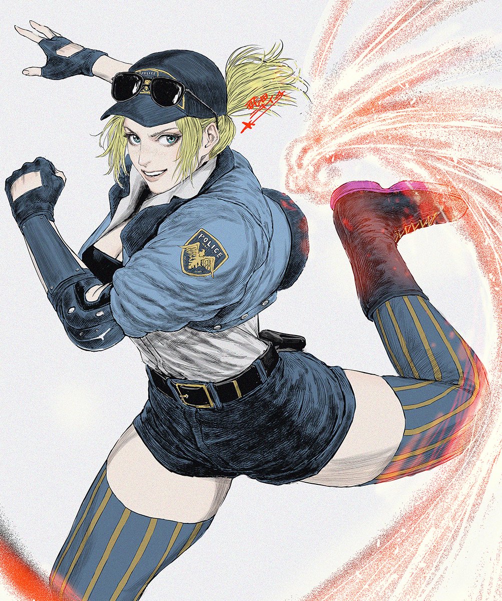 1girl, belt, belt_buckle, black_footwear, blonde_hair, blue_eyes, blue_gloves, blue_hat