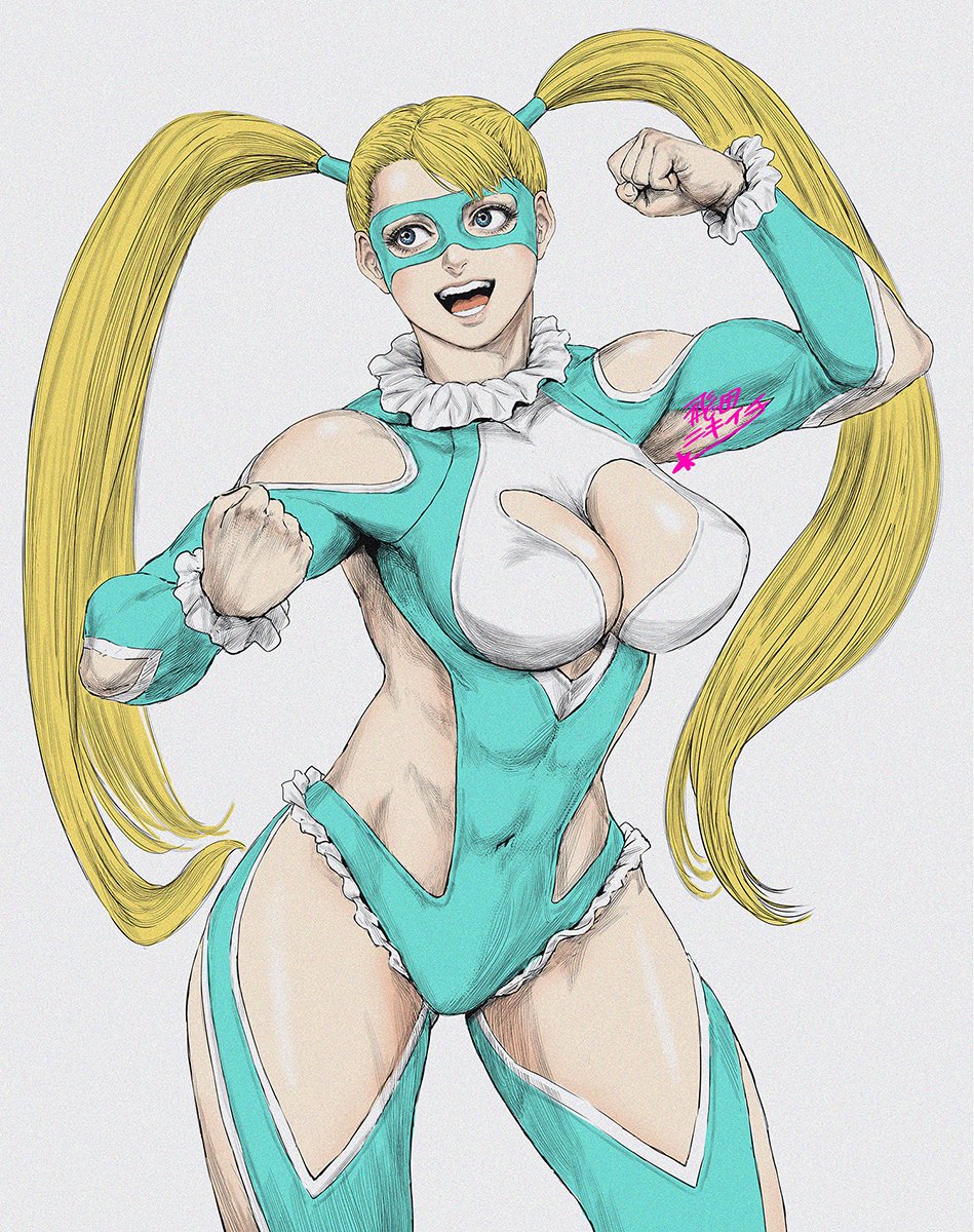 1girl, armpits, blue_eyes, breasts, capcom, cleavage, cleavage_cutout, clenched_hands