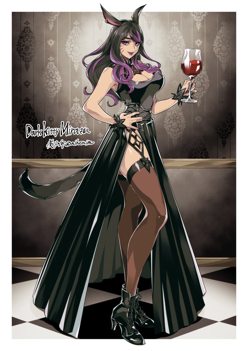 1girl, aihcnim, animal_ears, warrior_of_light_(ff14), black_dress, black_hair, black_thighhighs, breasts, cat_ears, cat_tail, cleavage, commission, cup, dress, drinking_glass, earrings, facial_mark, final_fantasy, final_fantasy_xiv, fingernails, from_side, full_body, hand_on_own_hip, heterochromia, high_heels, jewelry, large_breasts, lips, long_fingernails, long_hair, looking_at_viewer, minchia, miqo'te, multicolored_hair, purple_hair, side_slit, sleeveless, solo, tail, thighhighs, two-tone_hair, wine_glass, wrist_cuffs