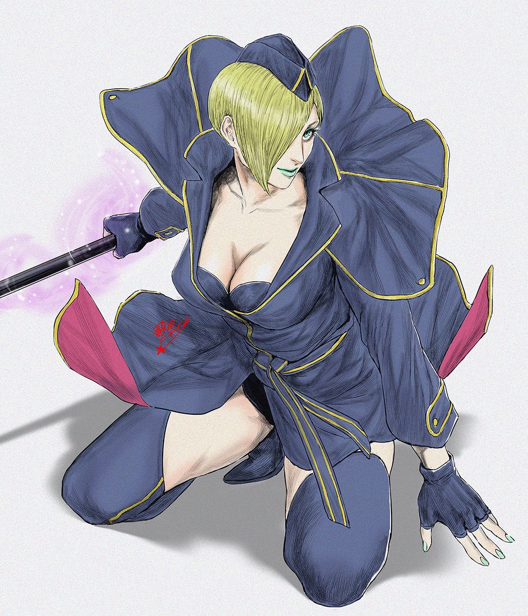 1girl, aqua_eyes, aqua_eyeshadow, aqua_lips, aqua_nails, baton_(weapon), blonde_hair, blue_cape