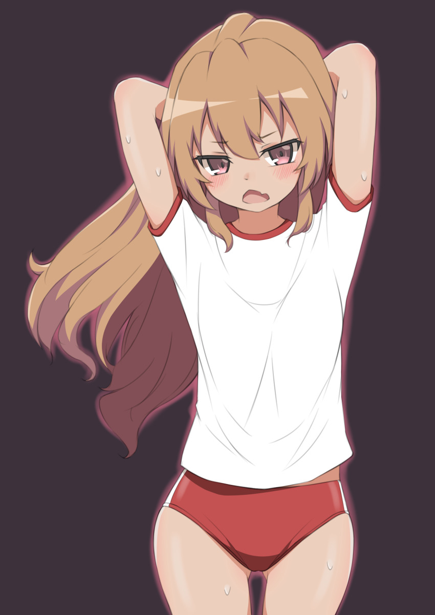 1girl, absurdres, aisaka_taiga, arms_behind_head, arms_up, blush, brown_background, brown_eyes