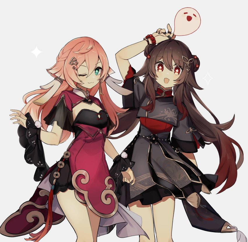 2girls, :3, :d, absurdres, adapted_costume, alternate_costume, bead_bracelet, beads, black_dress, black_jacket, black_skirt, bracelet, braid, breasts, brown_hair, butterfly_hair_ornament, cleavage_cutout, closed_mouth, clothing_cutout, cropped_jacket, double_bun, dress, flower, genshin_impact, ghost, green_eyes, grey_background, hair_bun, hair_flower, hair_ornament, hand_up, highres, horns, hu_tao_(genshin_impact), jacket, jewelry, long_hair, long_sleeves, looking_at_viewer, merry-san, multiple_girls, multiple_rings, one_eye_closed, open_mouth, pinching, pink_dress, pink_hair, pink_jacket, pom_pom_(clothes), red_eyes, red_flower, red_shirt, ring, shirt, shrug_(clothing), sidelocks, simple_background, skirt, small_breasts, smile, twintails, two-tone_dress, wrist_cuffs, yanfei_(genshin_impact)