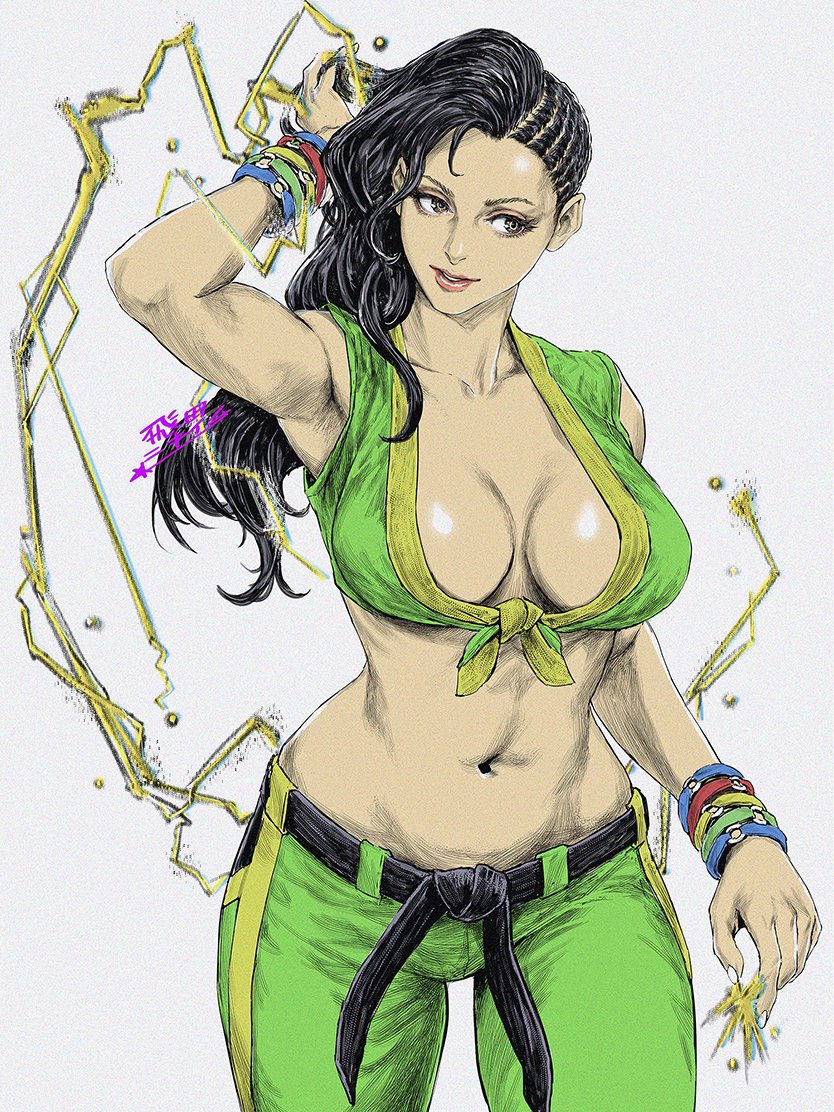 1girl, arm_up, armpits, belt, black_belt, black_hair, bracelet, brown_eyes, capcom, curvy, electricity, fingernails, grey_background, hatching_(texture), jewelry, laura_matsuda, lips, long_hair, nail_polish, navel, parted_lips, red_lips, shiny_skin, signature, simple_background, solo, star_(symbol), street_fighter, street_fighter_v, tobita_nikiichi, white_nails, wide_hips
