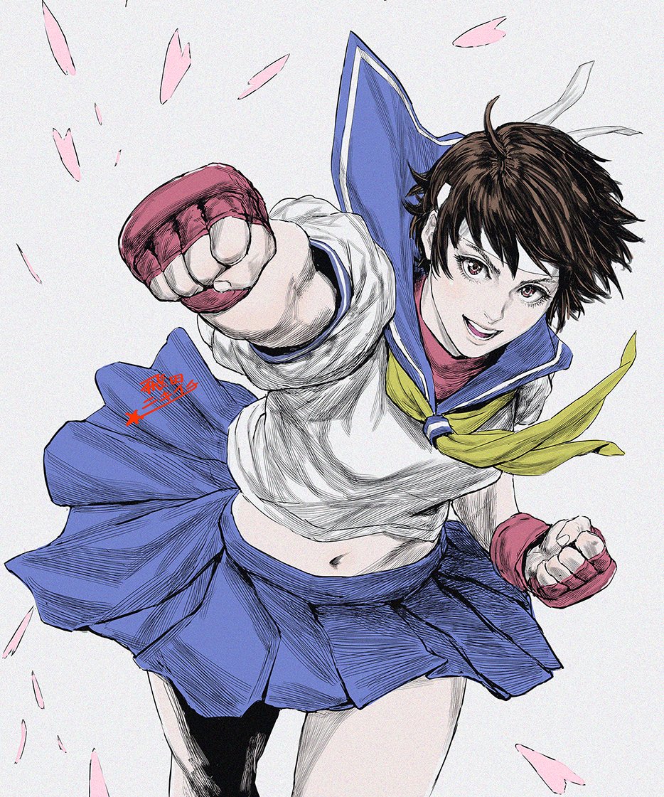 1girl, ahoge, blue_skirt, blush, brown_eyes, brown_hair, capcom, clenched_hands