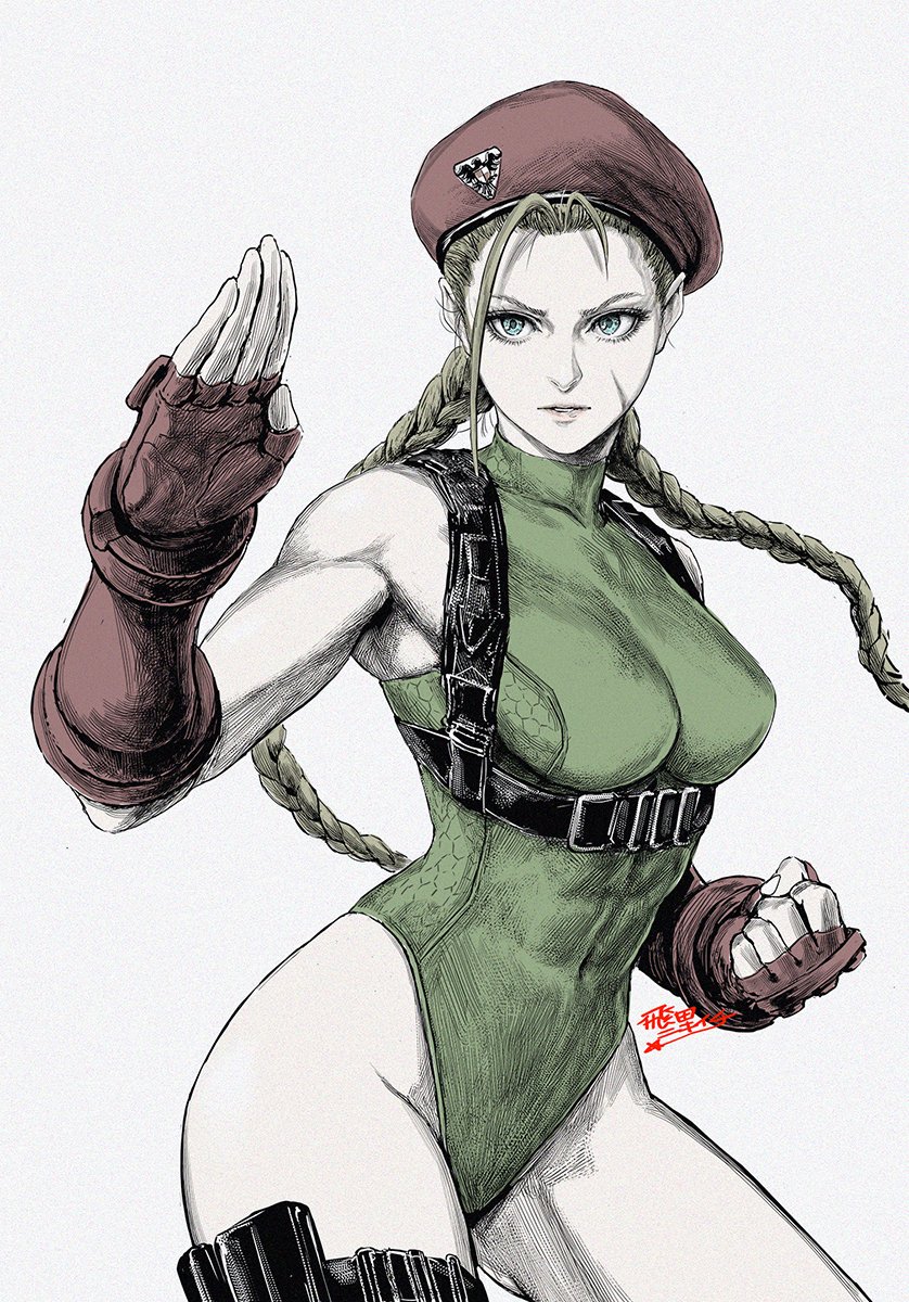 1girl, beret, blonde_hair, blue_eyes, breasts, cammy_white, capcom, clenched_hand
