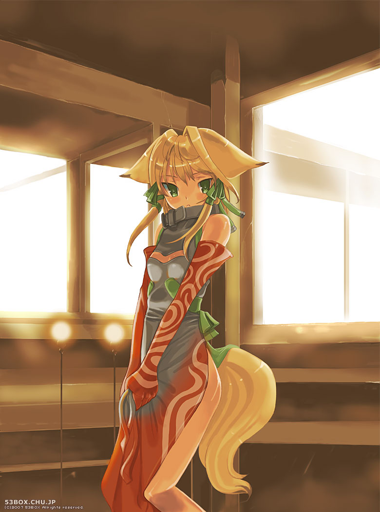 1girl, animal_ears, dress, female_focus, fox_ears, original, sango_(53box), solo, tail, two-tone_dress