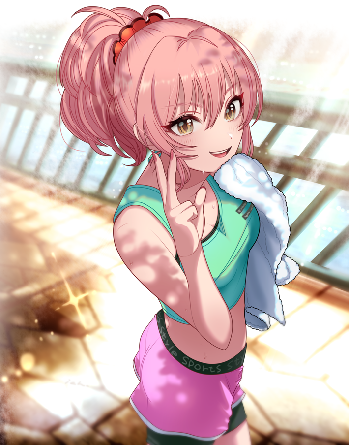 1girl, ass, breasts, ich., idolmaster, idolmaster_cinderella_girls, jougasaki_mika, midriff, nail_polish, pink_hair, ponytail, short_shorts, shorts, sportswear, sweat, towel, v