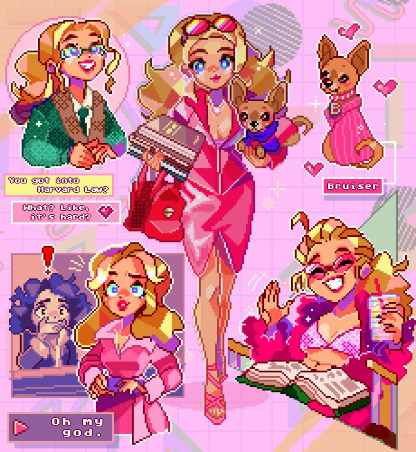 !, 2girls, absurdres, animal, animification, bikini, blonde_hair, blue_eyes, book, bruiser_woods, character_name, chihuahua, chutney_windham, clothed_animal, coat, collared_shirt, cup, dez, disposable_cup, dog, drinking_straw, elle_woods, english_text, eyewear_on_head, fur_coat, glasses, green_jacket, green_necktie, heart, highres, holding, holding_cup, jacket, legally_blonde, multiple_girls, multiple_views, navel, necktie, open_book, pencil_skirt, pink_bikini, pink_coat, pixel_art, ponytail, shirt, skirt, smile, sunglasses, swimsuit, white_shirt