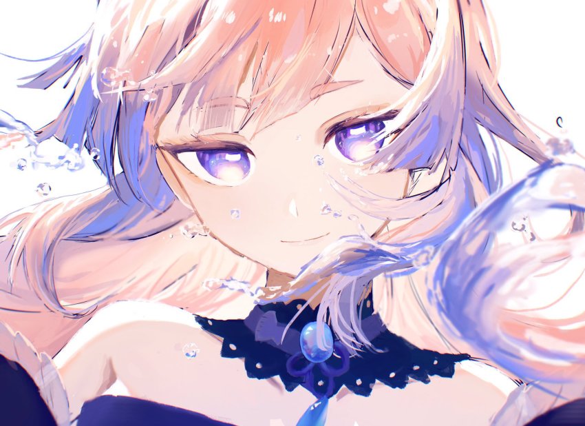 1girl, blue_choker, blue_eyes, blue_hair, choker, closed_mouth, colored_tips, commentary, gem, genshin_impact, highres, long_hair, multicolored_hair, nagikiho, pearl_(gemstone), pink_hair, portrait, sangonomiya_kokomi, sidelocks, simple_background, smile, solo, tassel, very_long_hair, water, white_background