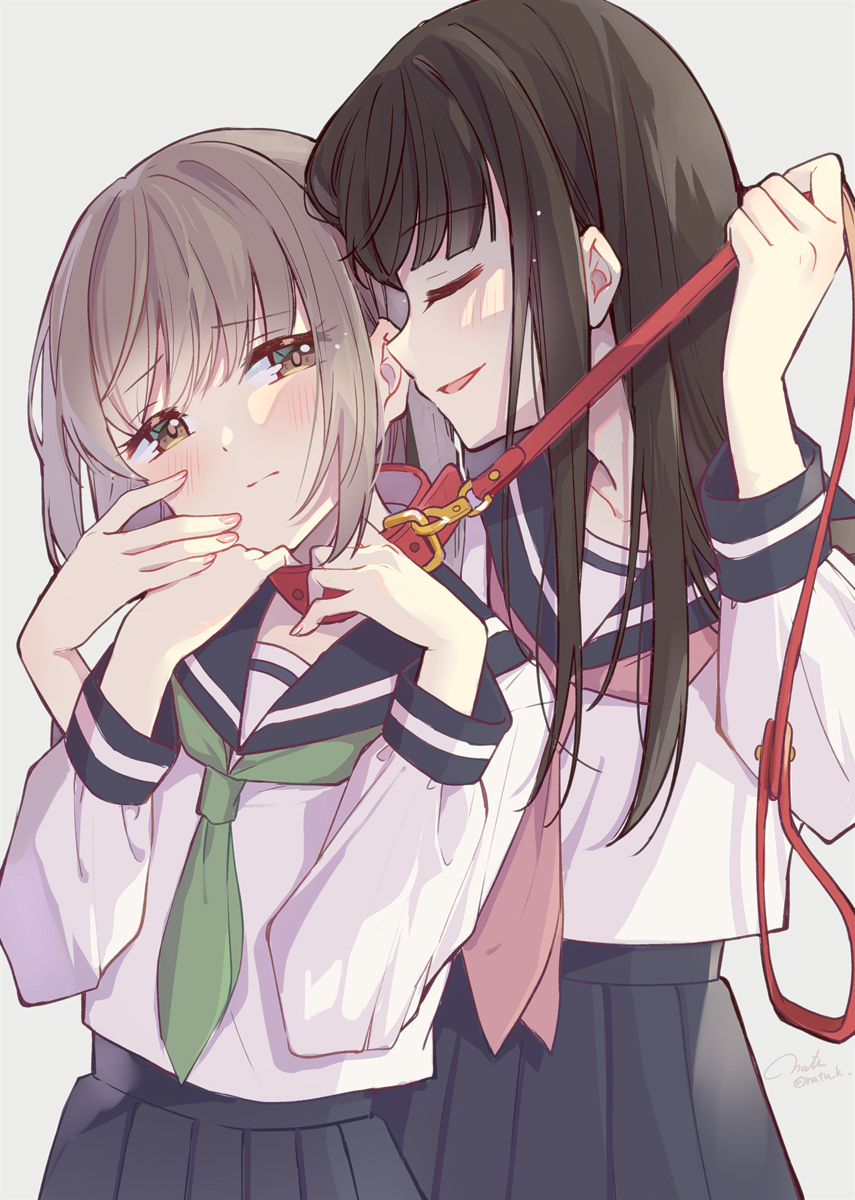 2girls, bdsm, blush, collar, femdom, hazuki_natsu, highres, leash