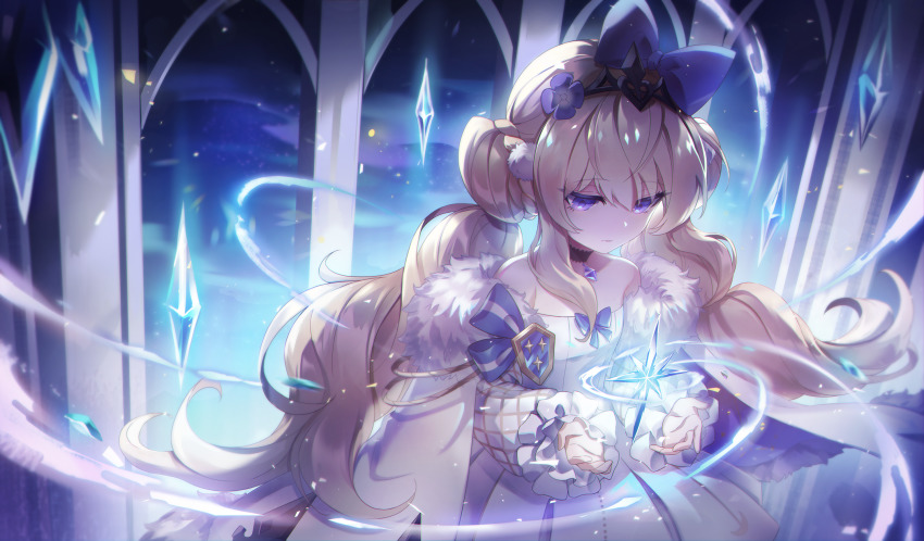 1girl, alchemy_stars, bad_id, bad_pixiv_id, bare_shoulders, bethlehem_(alchemy_stars), blonde_hair, blue_bow