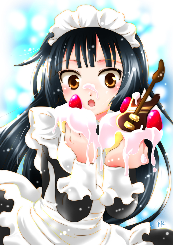 00s, 1girl, akiyama_mio, alternate_costume, bad_id, bad_pixiv_id, black_hair, cake