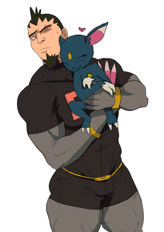 brown_hair, bulge, closed_eyes, facial_hair, frown, gen_2_pokemon, goatee, heart, hug, iron-masked_marauder, mohawk, muscular, muscular_arms, muscular_legs, muscular_male, nintendo, one_eye_closed, pokemon, pokemon_(anime), pokemon_(classic_anime), pokemon_(creature), pokemon_4ever_-_celebi:_the_voice_of_the_forest, remert, smile, sneasel, spiked_hair, team_rocket, team_rocket_uniform, thighs