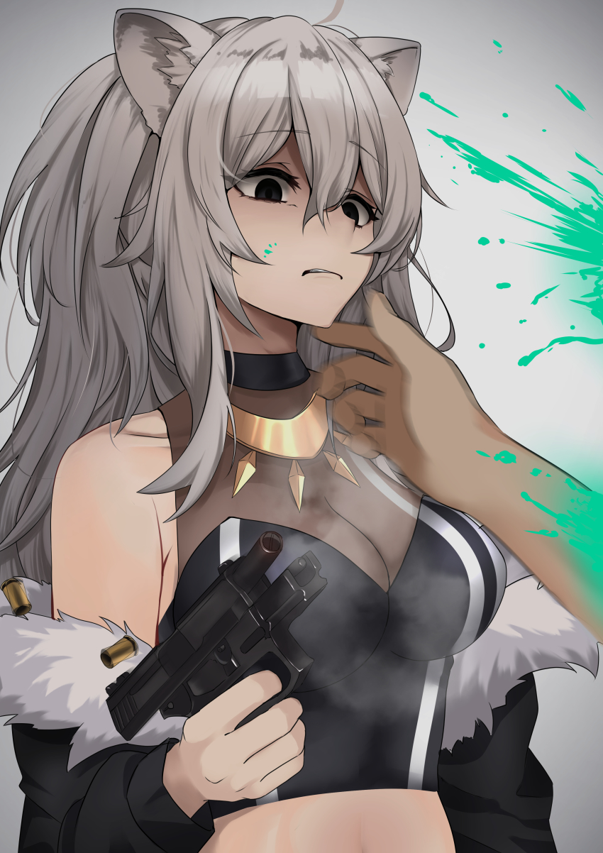 1girl, absurdres, ahoge, animal_ears, black_eyes, black_jacket, black_shirt, blood, blood_on_face, blood_splatter, breasts, cleavage, colored_blood, commentary, cropped_shirt, disgust, empty_eyes, fur-trimmed_jacket, fur_trim, green_blood, grey_background, gun, hair_between_eyes, handgun, highres, holding, holding_gun, holding_weapon, hololive, jacket, jewelry, large_breasts, lion_ears, lion_girl, long_hair, looking_down, micon, midriff, motion_blur, necklace, off_shoulder, open_clothes, open_jacket, see-through_clothes, see-through_cleavage, shaded_face, shell_casing, shirt, shishiro_botan, shishiro_botan_(1st_costume), silver_hair, simple_background, sleeveless, sleeveless_shirt, smoke, smoking_barrel, solo_focus, striped, stylized_blood, upper_body, vertical_stripes, virtual_youtuber, weapon