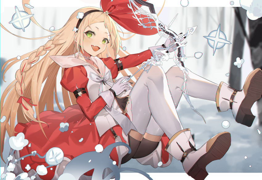 1girl, absurdres, alchemy_stars, bike_shorts, blonde_hair, blurry, blurry_background, boots