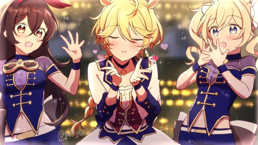 1boy, 2girls, aether_(genshin_impact), amber_(genshin_impact), barbara_(genshin_impact), blonde_hair, blue_eyes, breasts