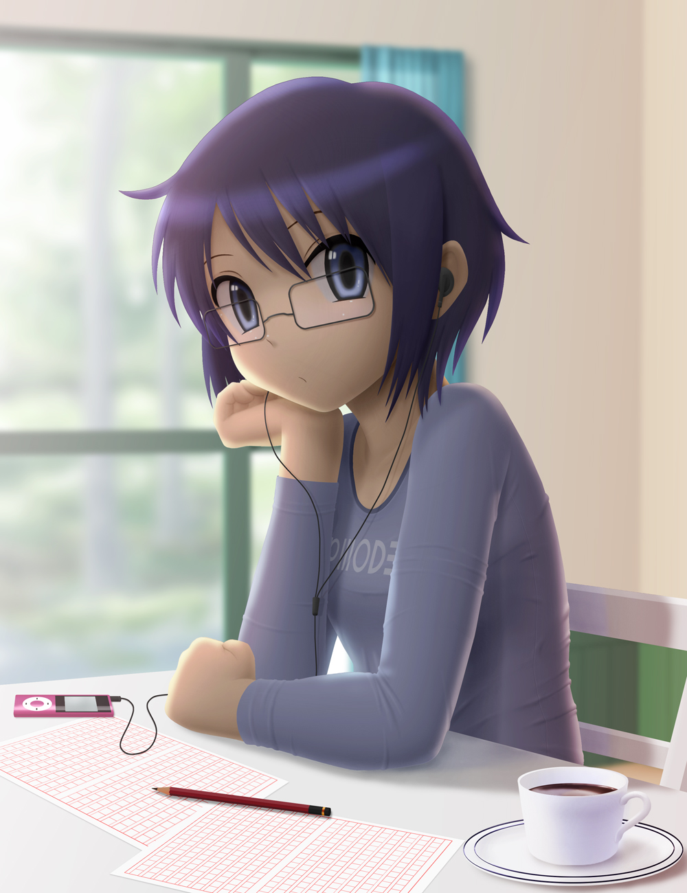 00s, 1girl, bad_id, bad_pixiv_id, blue_eyes, blue_hair, coffee, cup