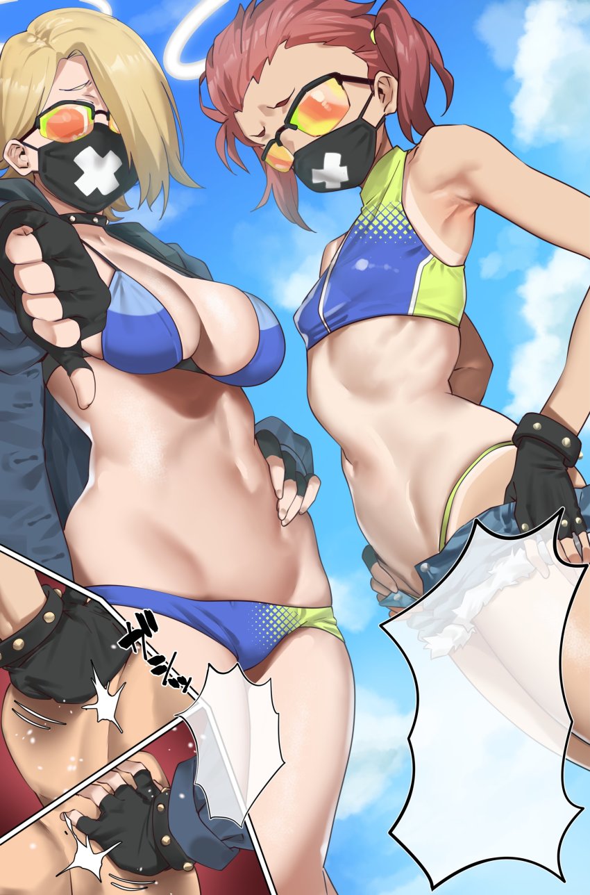 2girls, absurdres, armpits, bikini, black-framed_eyewear, black_gloves, blonde_hair, blue_archive, blue_bikini, blue_shorts, blue_sky, breasts, brown_hair, day, fingerless_gloves, glasses, gloves, green-tinted_eyewear, hair_over_one_eye, halo, hand_on_own_hip, highres, large_breasts, looking_at_viewer, mask, medium_hair, micro_shorts, mouth_mask, multiple_girls, navel, one-piece_tan, orange-tinted_eyewear, orange-tinted_glasses, outdoors, over-rim_eyewear, ramanda, seaside_sukeban_(mg)_(blue_archive), seaside_sukeban_(smg)_(blue_archive), semi-rimless_eyewear, shorts, skindentation, sky, small_breasts, sunglasses, surgical_mask, swimsuit, tan, tanline, thumbs_down, tinted_eyewear, twintails, yellow-tinted_eyewear, yellow-tinted_glasses