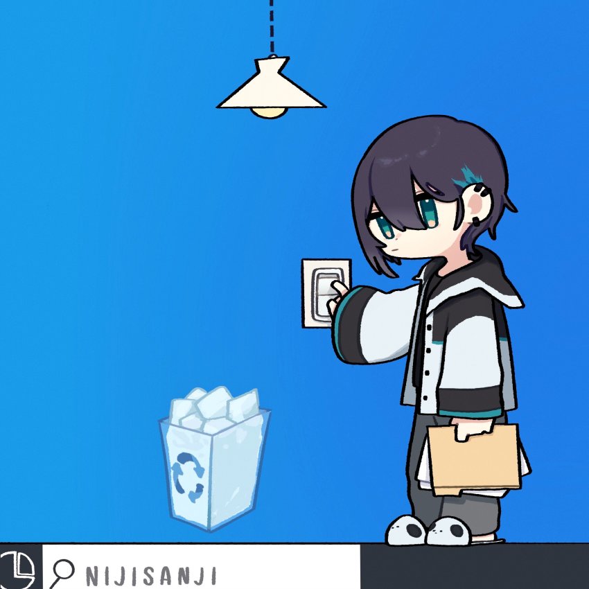 1boy, animal_slippers, arrow_(symbol), black_hair, black_shirt, blue_background, blue_hair, ceiling_light