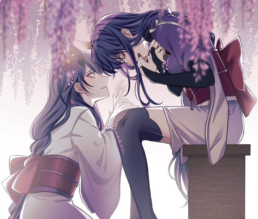 2girls, braid, bridal_gauntlets, closed_eyes, crying, flower, from_side, genshin_impact, gradient_clothes, gradient_kimono, highres, japanese_clothes, kimono, long_hair, looking_at_another, low-braided_long_hair, low-tied_long_hair, makoto_(genshin_impact), multiple_girls, obi, obijime, open_mouth, purple_eyes, purple_flower, purple_hair, purple_kimono, raiden_shogun, sash, siblings, sisters, sitting, spoilers, tears, thighhighs, wide_sleeves, yuu_(yurasutori)