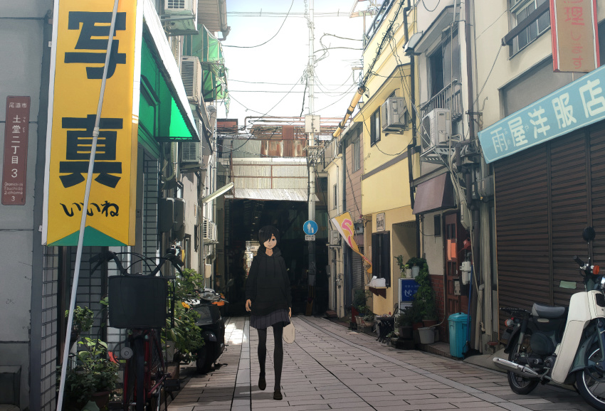 1girl, air_conditioner, bag, bicycle, black_footwear, black_hair, black_hoodie, black_pantyhose